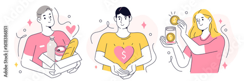 Charity and donation set. Volunteers collecting money in jar and food in box. Volunteering, support, humanitarian assistance concept. Vector illustration.