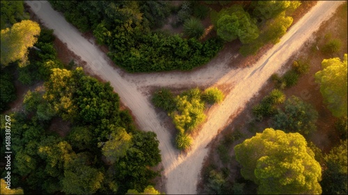 Aerial view of a T-shaped junction with three paths surrounded by dense greenery, one vertical and two horizontal,