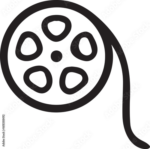 Minimalist Film Reel Icon Depicting Vintage Cinema and Entertainment, Evoking Classic Filmography and Theatrical Artistry, With Bold Black Lines