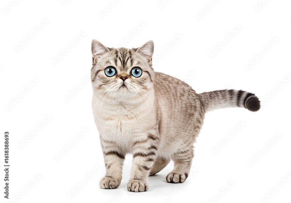 Fototapeta premium Captivating tabby kitten with striking blue eyes and fluffy fur stands on a clean white background, ready for adoption or pet-themed projects.