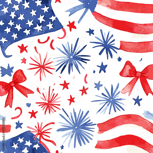 Colorful patriotic pattern with flags, stars, and fireworks design  