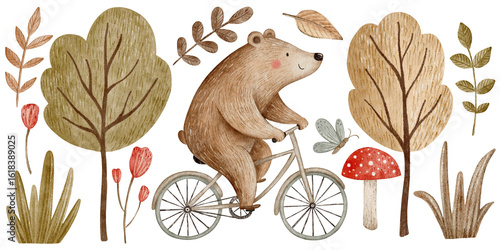 Fotografía A bear rides a bicycle through the forest