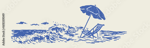 Beach scene with umbrella and deck chair by the ocean waves  