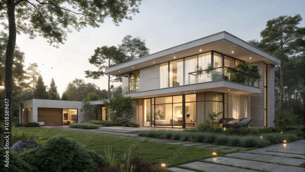 Fototapeta premium Modern Luxury House Surrounded by Lush Green Landscape at Dusk