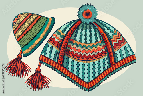 vector of Knitted shawl and hat model. Knitting pattern ... light background color.