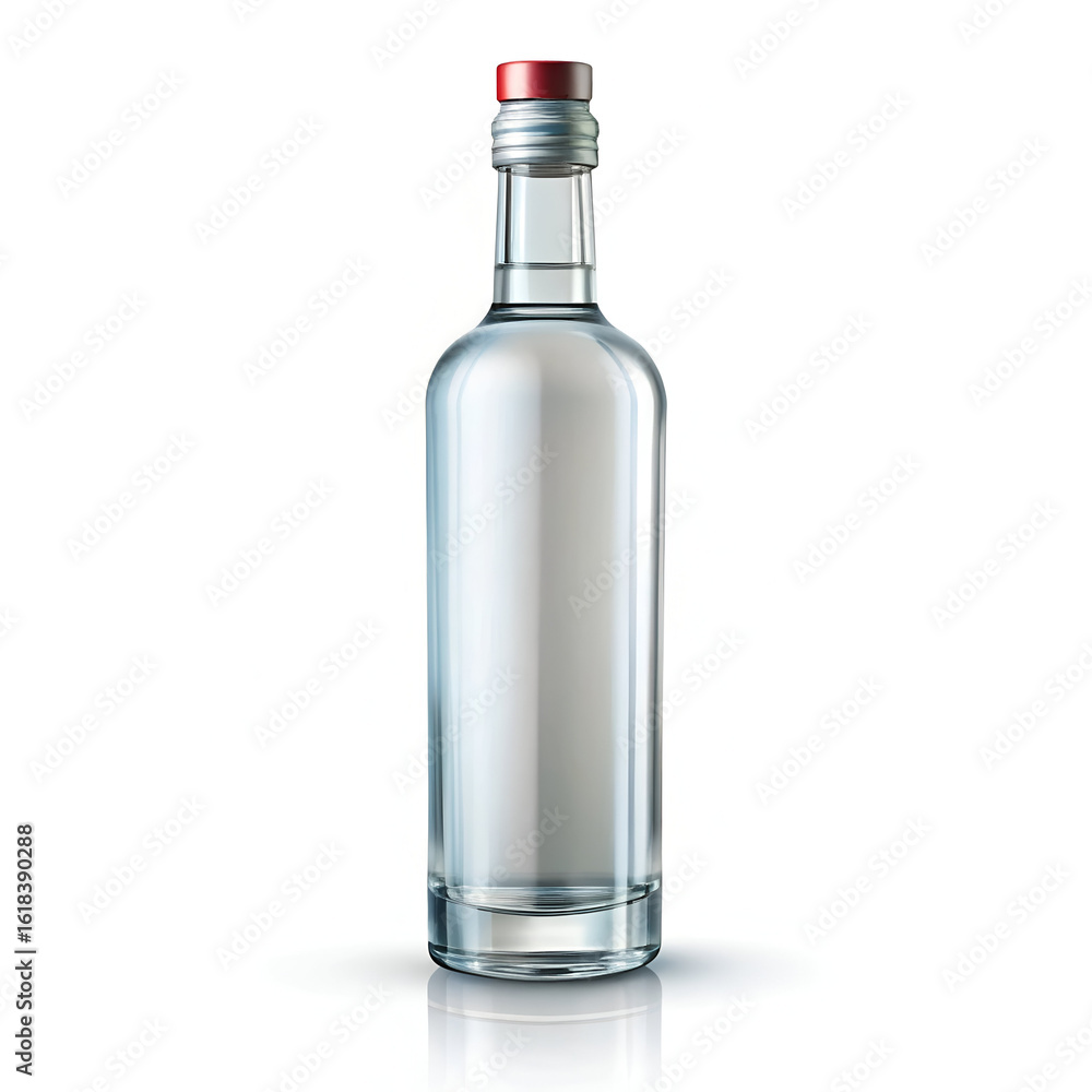 A clear bottle of vodka with a red cap is presented isolated on a clean white background A clear bottle of vodka with a red cap is presented isolated on a clean white background