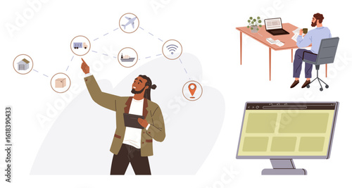 Man analyzing supply chain links with icons representing logistics and technology. Home office setup with person holding baby near laptop, plus digital interface. Ideal for logistics, tech, remote
