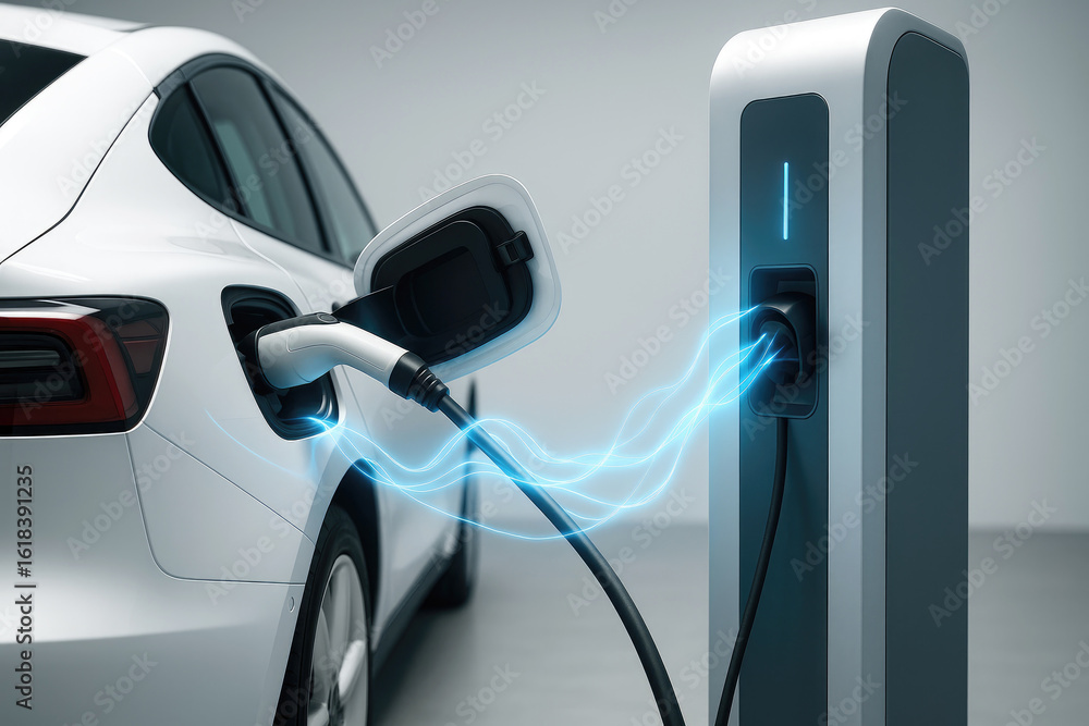 Naklejka premium Electric vehicle charging process at a modern charging station with a sleek car plugged in