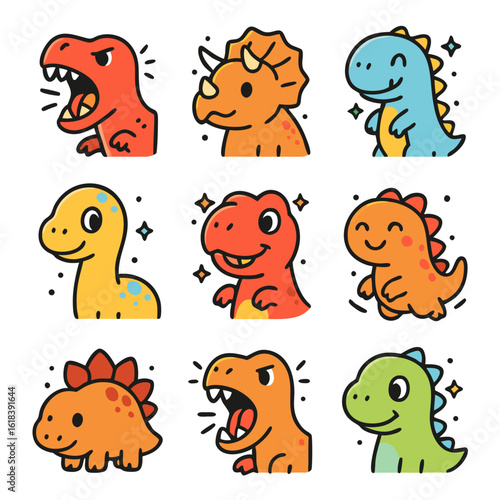 Dinosaur cartoon selection with colorful and cute dinosaurs for childrens designs. Suitable for kids products, book illustrations, and educational materials.