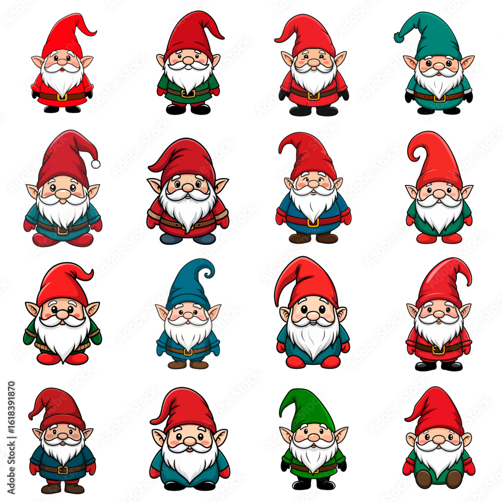 Fototapeta premium Set of cute gnomes in various outfits and hats, isolated on transparent background