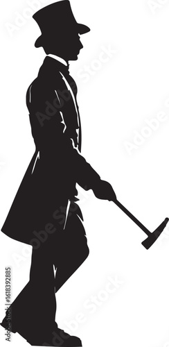 A stylishly dressed man in a top hat and frock coat strides forward, holding a long-handled mallet or hammer, presenting a silhouette against a plain white background.