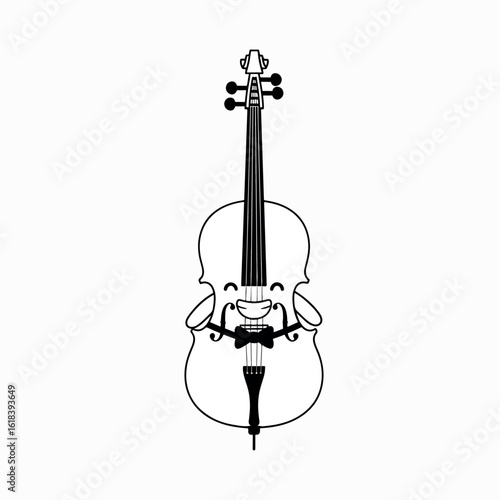 A cartoon cello illustration with a smiling face and a bow tie, presented in a clean, minimalist black and white design.