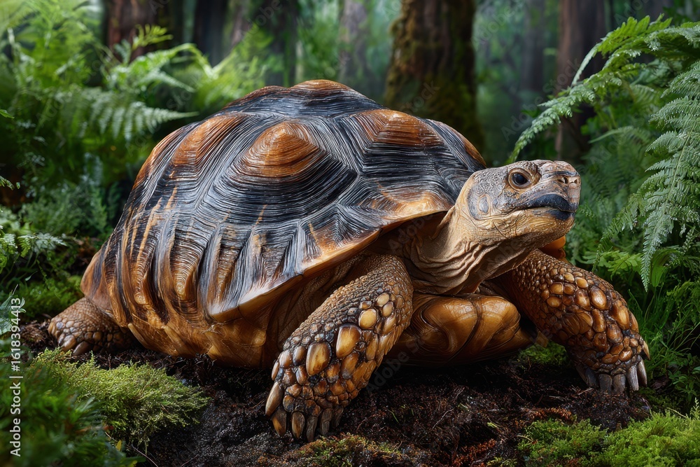 Obraz premium Large tortoise crawling on mossy ground in a lush green forest environment during daylight hours