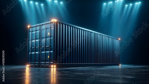 A large shipping container illuminated by dramatic lighting in a dark environment, representing logistics, transportation, and modern industry.