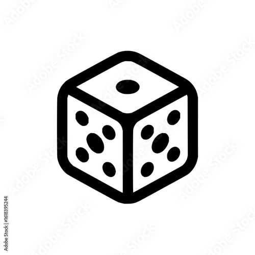 Illustration of a single six sided die with rounded edges and black pips on a white background view