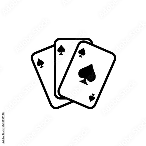 Three playing cards with spade suits in black and white overlapping each other in a simple illustration