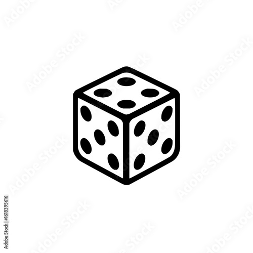 Isometric outline of a single die with black spots against a white background in a simple illustration