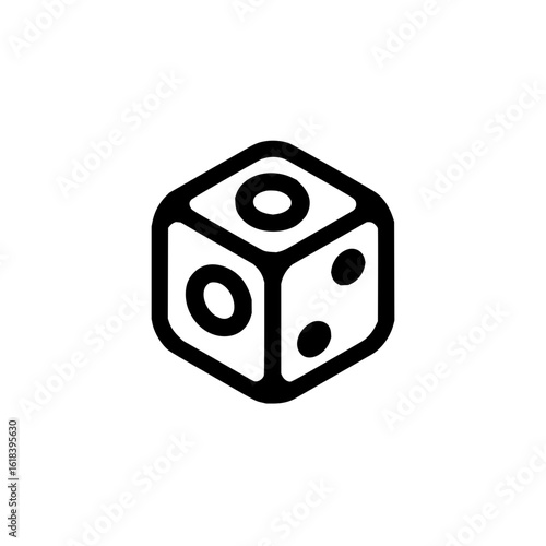 Outline drawing of a white die with black dots showing one two and one on the visible faces of the die