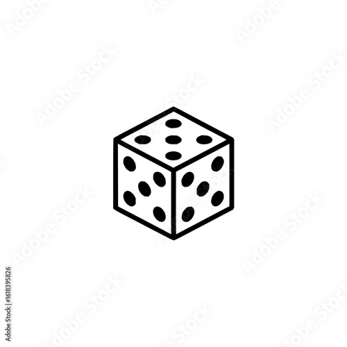 A simple black and white illustration of a six sided die with dots showing the numbers on each visible side