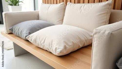 Close up of a couch with beige and gray pillows on a wooden frame in a brightly lit room area