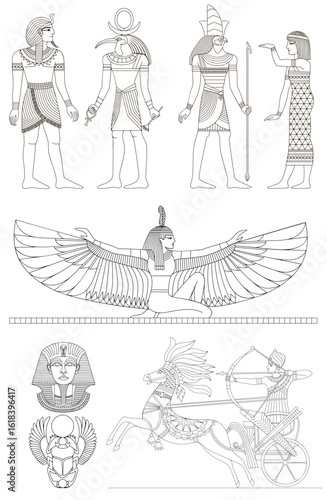 Set of contour ancient Egyptian frescoes