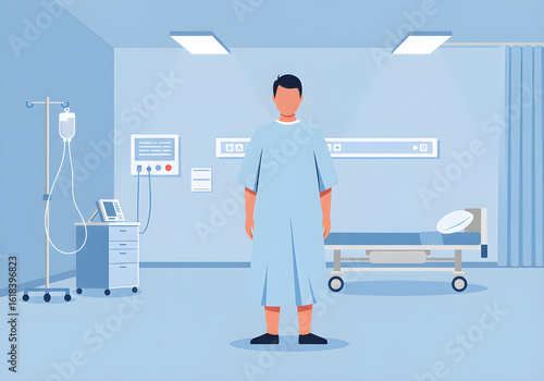 Full shot of a male patient in a blue hospital gown standing in a modern, clean hospital room with medical equipment and an empty bed. Concept of healthcare, recovery, and patient care.
