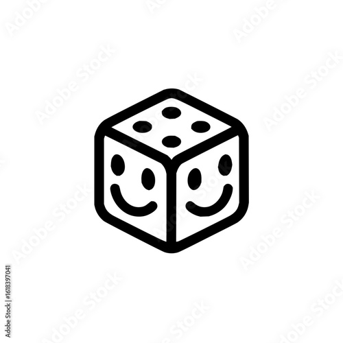 A whimsical die with smiley faces and four pips displayed in a simple black and white illustration style