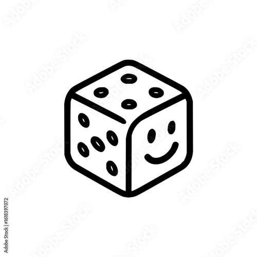 Outline drawing of a single die with dots and a smiley face on one side in a simple black line style