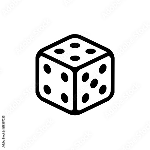 Isometric view of a single black and white die with rounded edges and visible pips on three faces shown
