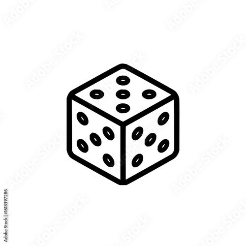 Isometric outline of a white die with black pips showing the values of one three and five on each face