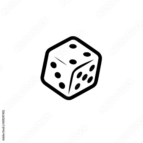 Isometric outline of a standard six sided die with rounded corners and black dots on a white background
