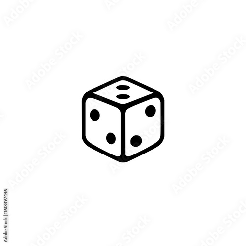 A single black and white die with rounded edges showing the two four and three sides in simple design