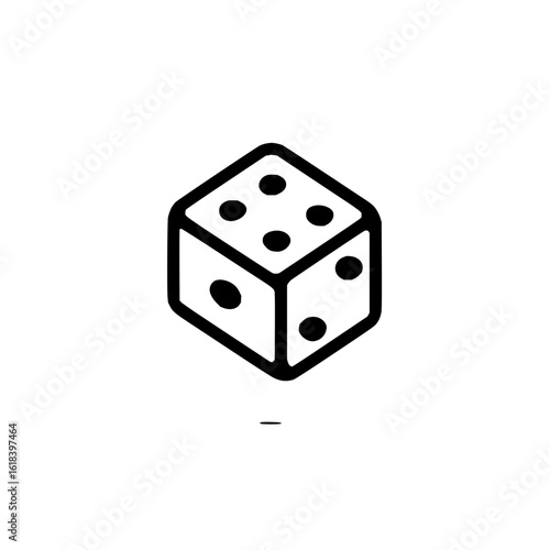 A simple line drawing of a six sided die with rounded edges and black dots representing the numbers ooooooooo