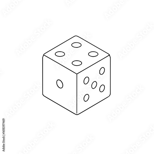 Isometric outline of a single die showing the sides with one dot four dots and three dots visible