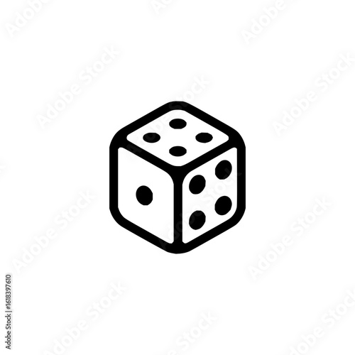 A simple black and white drawing of a standard six sided die with dots indicating the numbers on each side