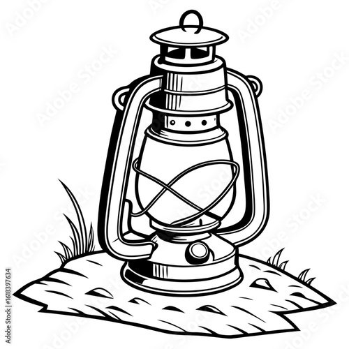 Vintage kerosene lantern standing on a rough surface silhouette