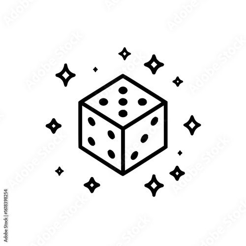 Isometric outline of a die with seven dots surrounded by sparkling stars on a white background design