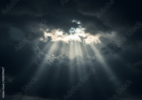 Dramatic sun rays piercing through a dark, stormy sky, symbolizing hope, spirituality, and a breakthrough of light in challenging times.