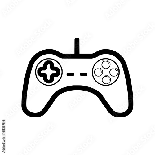 Illustration of a black and white game controller with a directional pad and four circular buttons