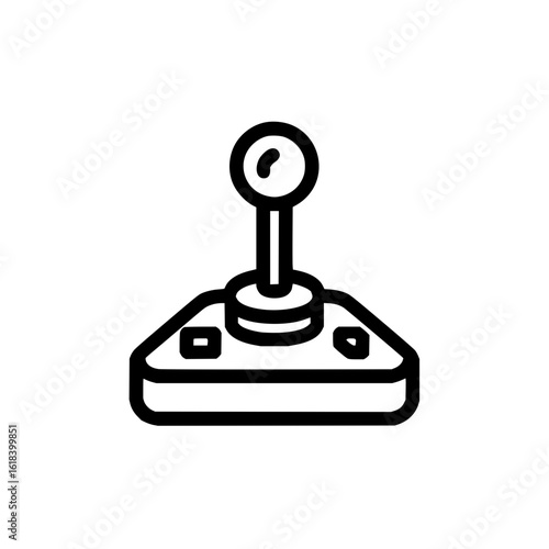 Illustration of a black and white joystick with a round top and two buttons on a white background