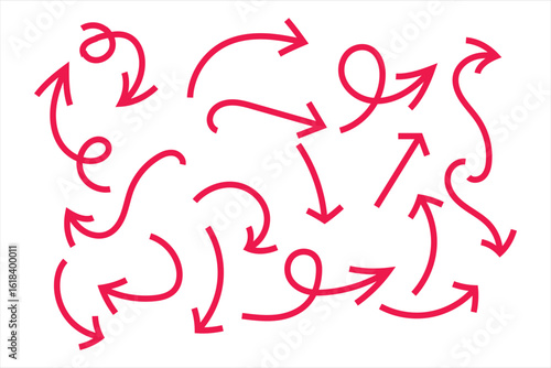 Red curved arrow vector bundle in hand drawn sketch style. Doodle style arrow icons collection for infographic, interface, business direction, and creative visual navigation

