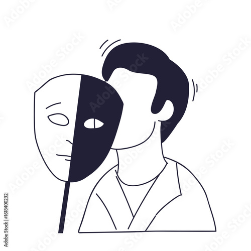A minimalist illustration of a person hiding behind a two-faced mask. It represents duality, imposter syndrome, hidden identity, and mental health concepts.