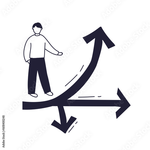 A minimalist illustration of a person standing at a crossroads with three forked paths. Symbolizes decision-making, choice, and different future possibilities.