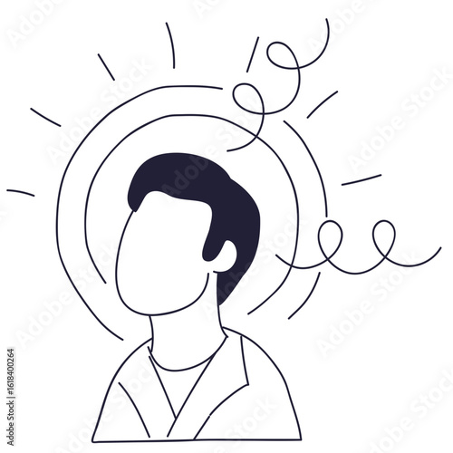 A line art illustration of a faceless man with a chaotic aura of circles and squiggles, representing mental stress, anxiety, confusion, or a headache.