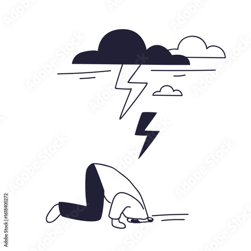 A man buries his head in the ground, ignoring a lightning storm above. A metaphor for denial, avoidance, stress, and ignoring obvious problems or danger.