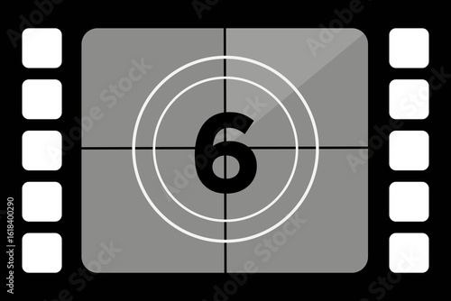 Set of classic countdown film footage featuring the number six in a vintage movie style. Old fashioned film counter with retro design.