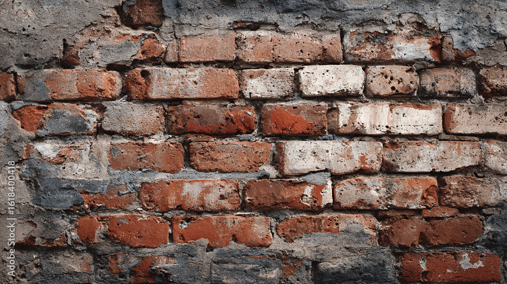 Obraz premium Old Crumbling Brick Wall Texture with Worn Concrete