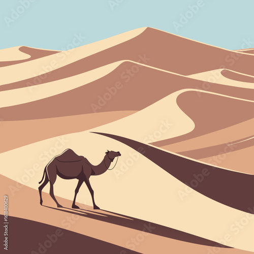 Camel walking alone in vast desert landscape with sand dunes and clear blue sky background summer travel concept