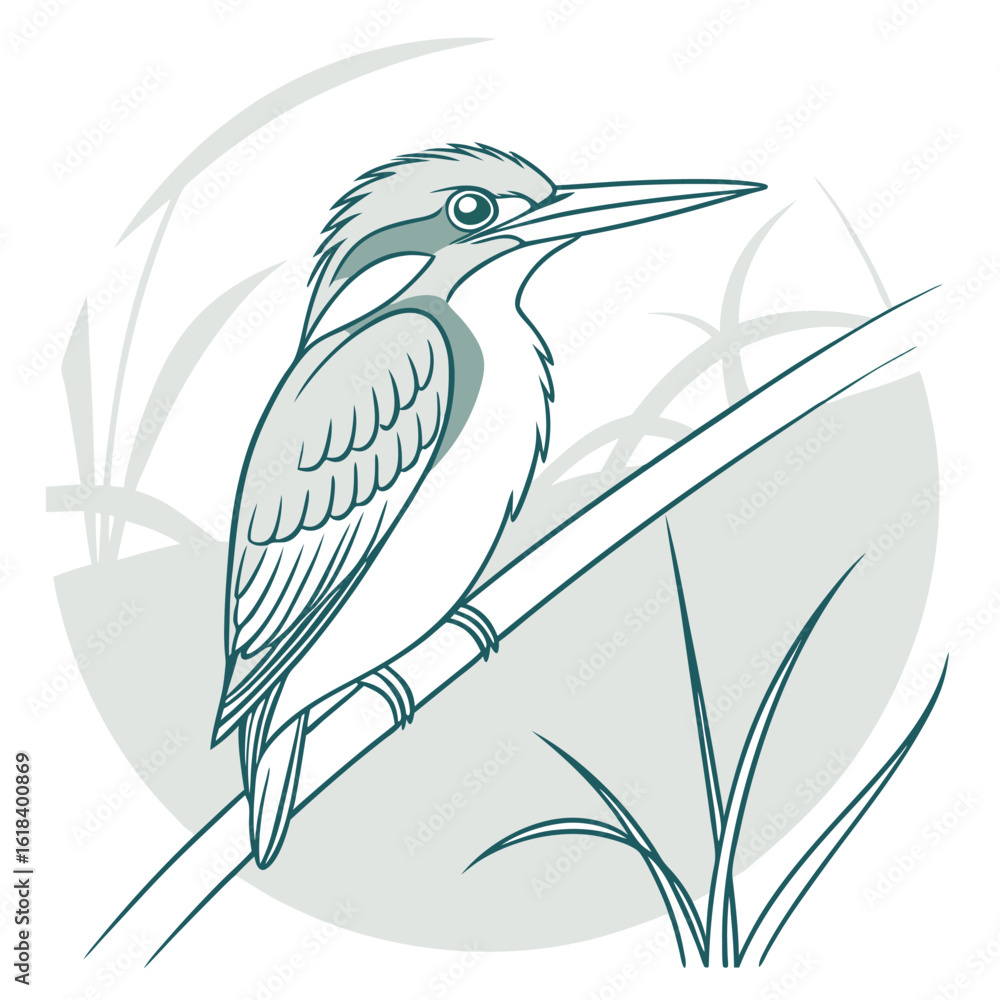 Fototapeta premium Kingfisher bird sitting on branch nature wildlife animal illustration simple line art design background