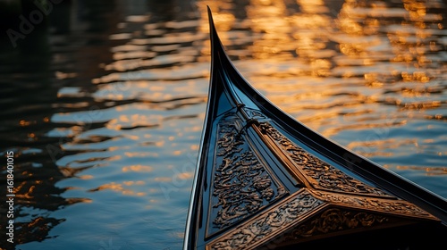 Ornate Gondola Prow at Golden Hour on Water